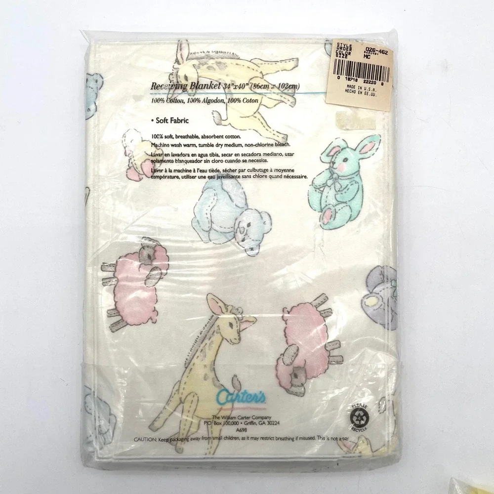 Carters Receiving Blanket Cotton Kids OS White NWT Vintage Animal Print 026-462